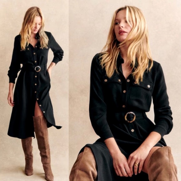 Sezane Dresses & Skirts - Sezane Tea Dress in Black Noir Black Midi Button Down Career Office Size 38 US 8